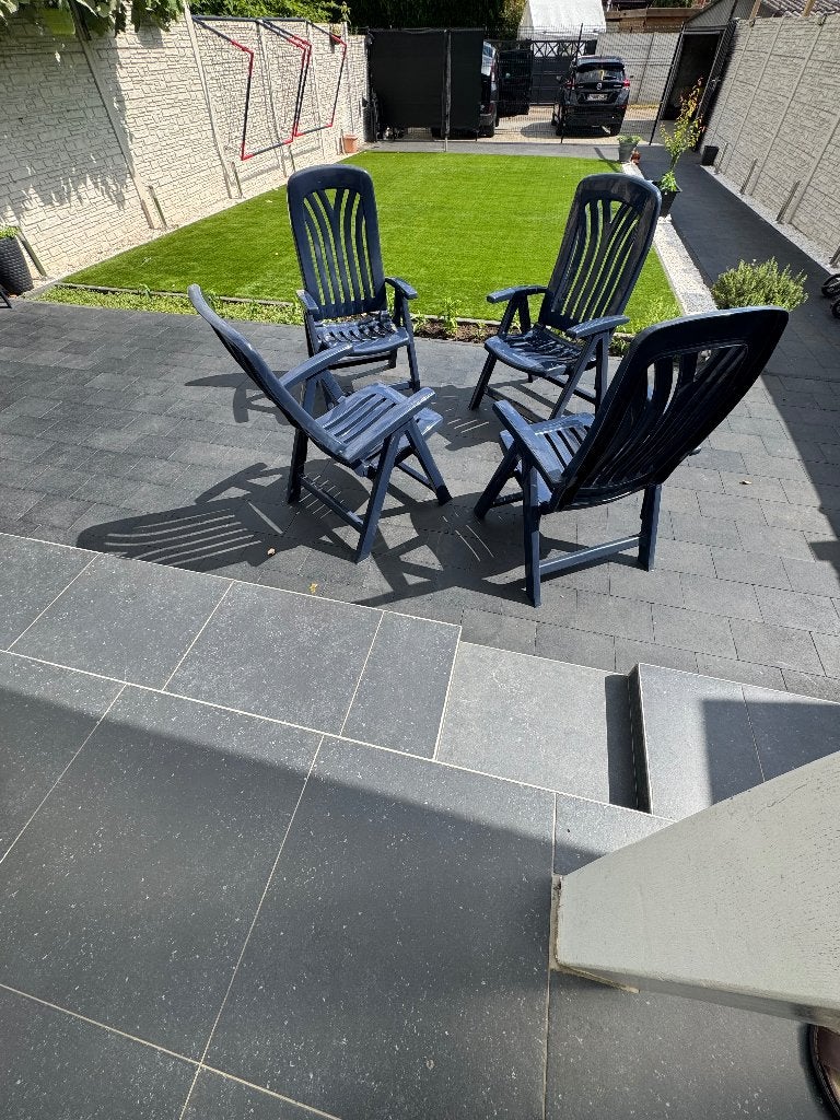 4 blauwe kantelbare tuinstoelen 50€, Enlèvement, Utilisé, Synthétique, Ajustable