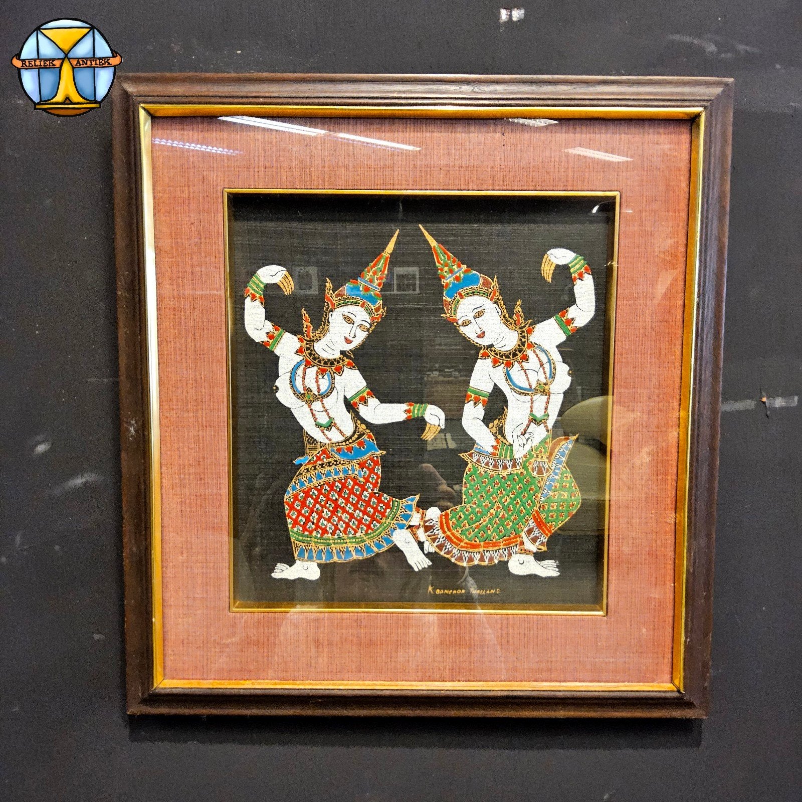 Vintage Thais zijde zeefdruk Kinnara / siam danseressen 1981, Antiek en Kunst, Ophalen of Verzenden