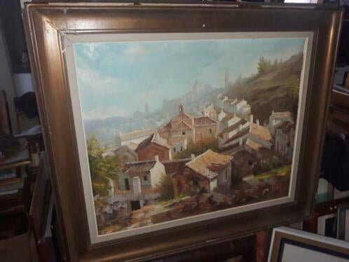 huile sur toile village signe manuel cuberos, Antiquités & Art, Art | Peinture | Classique, Enlèvement