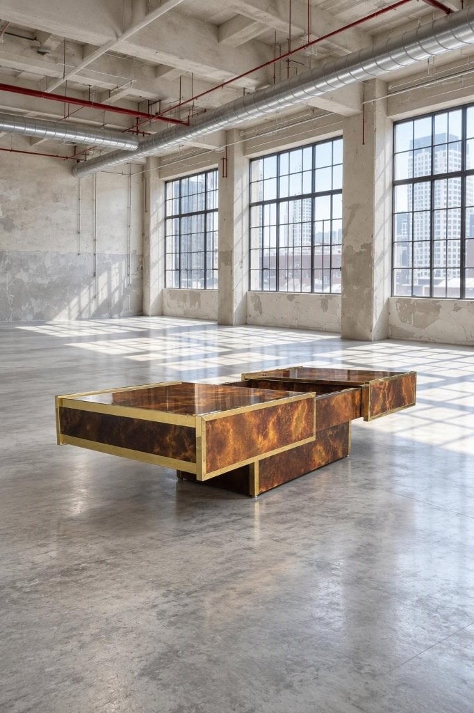 Salontafel burl messing met geïntegreerde bar Maison Lancel, Gebruikt, 50 tot 100 cm, 100 tot 150 cm, Hollywood regency