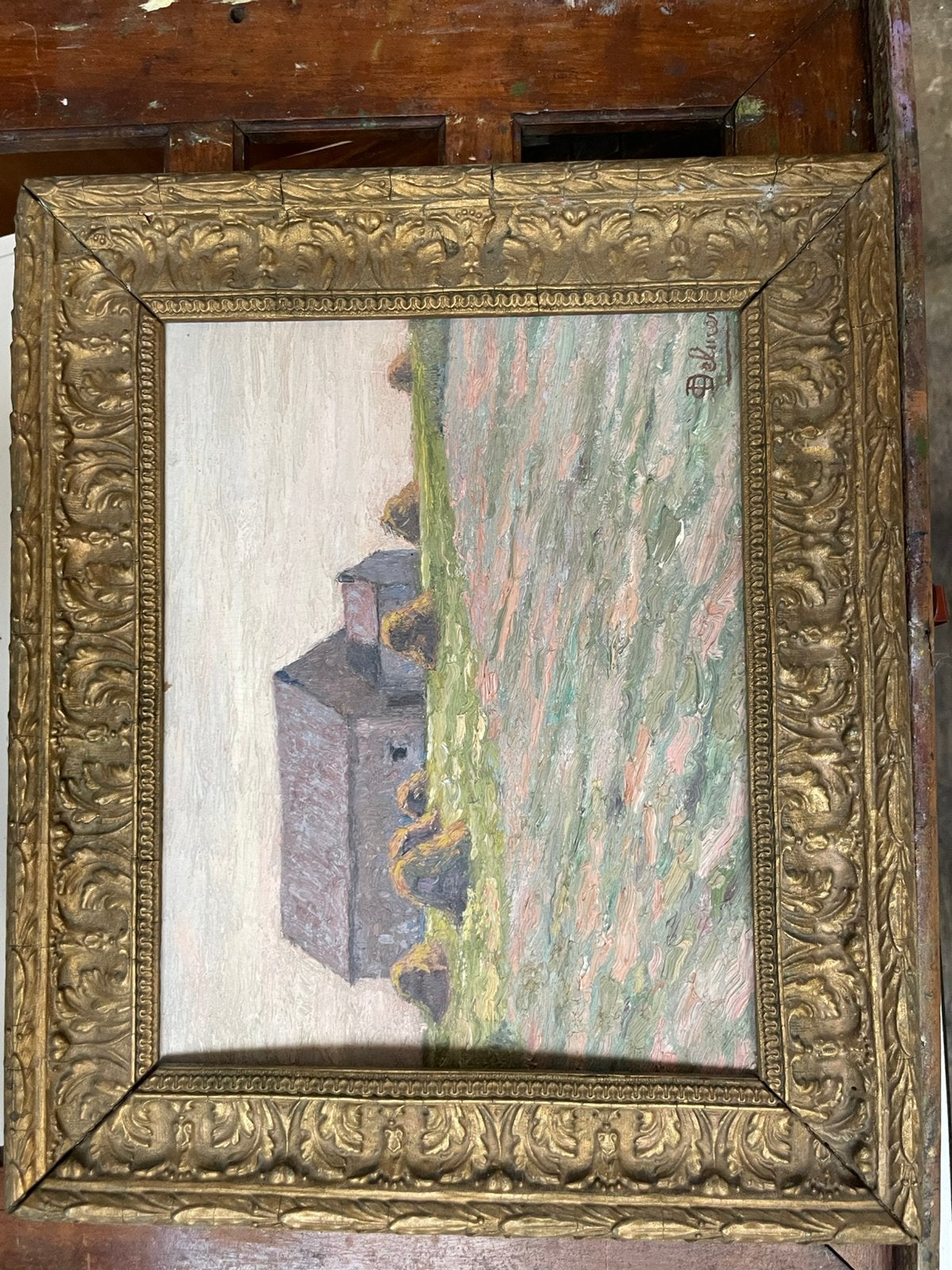 Olieverf op paneel 20x25. Delure C?, Antiek en Kunst, Ophalen, Paneel, Impressionistisch, Landschap