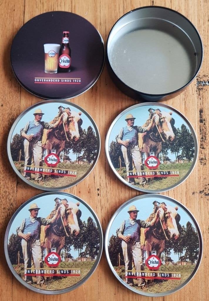 Belgisch Cristal bier blikje met 4 onderzetters met paard, Verzamelen, Ophalen of Verzenden, Gebruikt, Overige typen, Overige merken