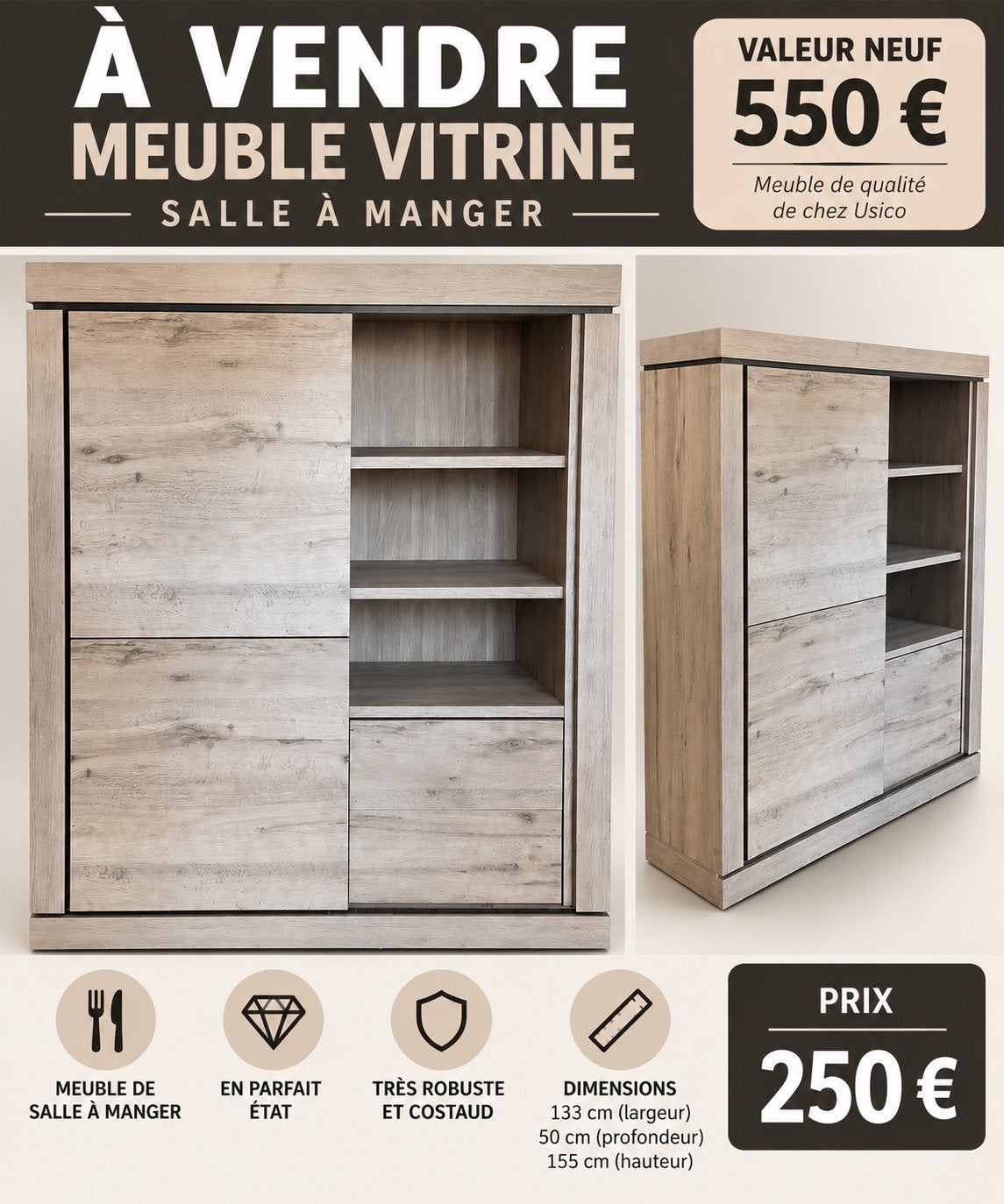 Meuble vitrine salle a manger, Maison & Meubles, Enlèvement, Comme neuf, Autres matériaux