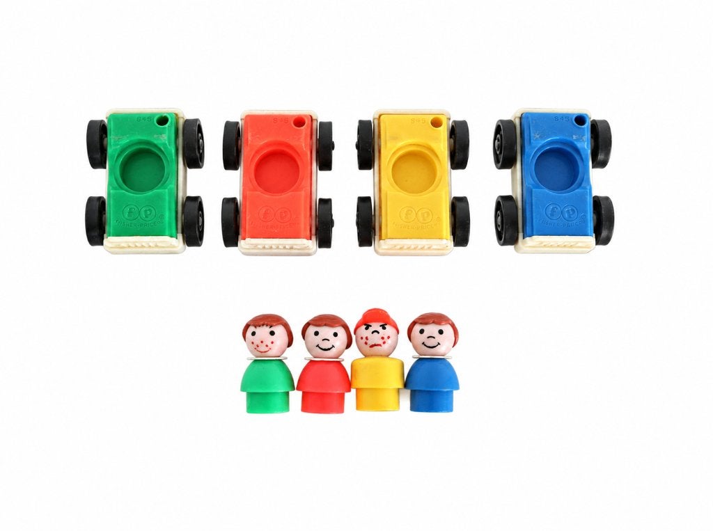 4 vintage Fisher-Price Little People auto's + Figuren, Ophalen of Verzenden, Gebruikt