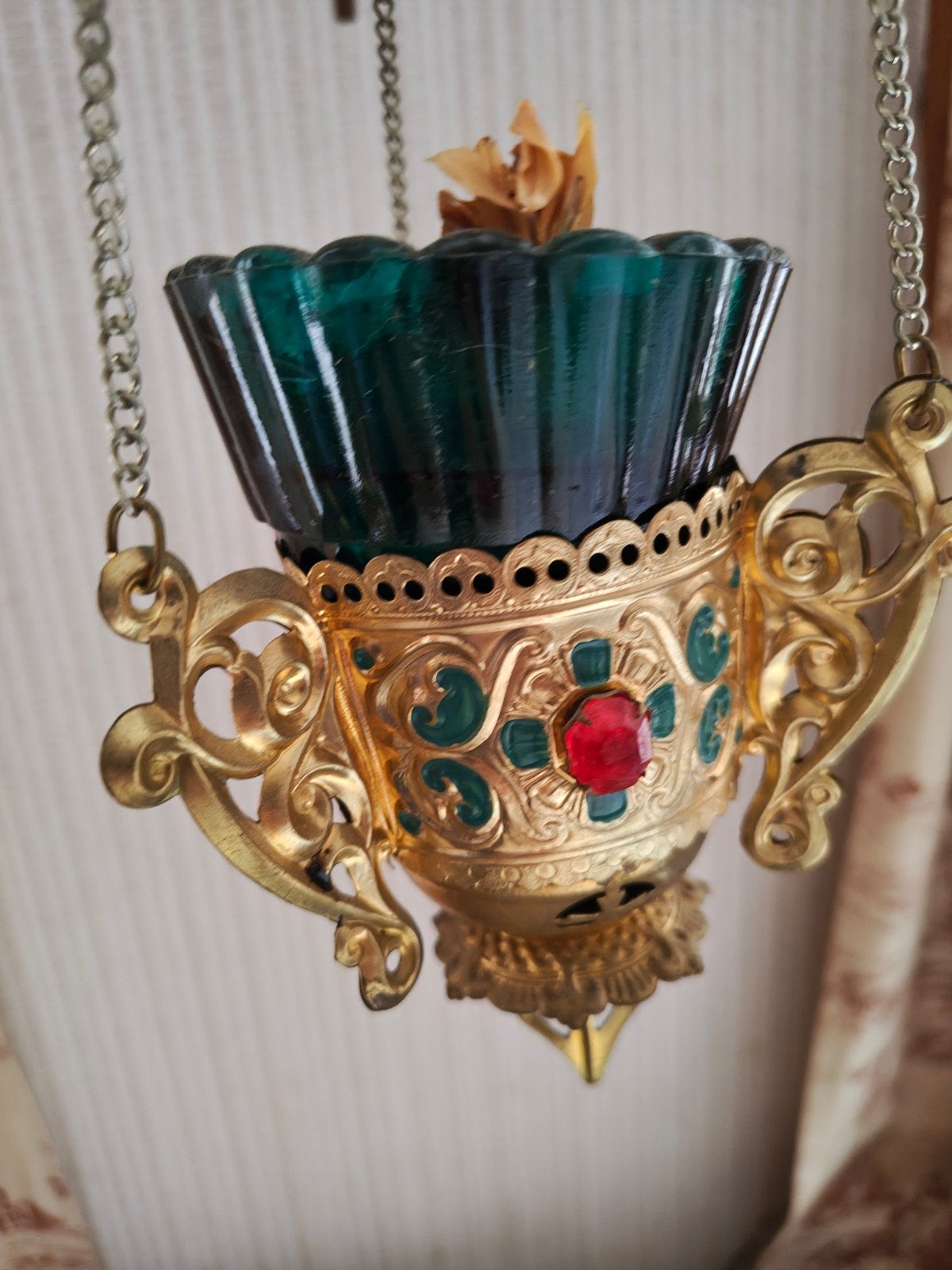 Lampe à huile suspendue vintage (Kandili) pour icône — plaqu, Antiquités & Art, Enlèvement ou Envoi