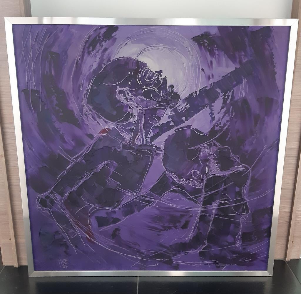 Cadre argenté avec huile sur toile mauve, Antiquités & Art, Enlèvement