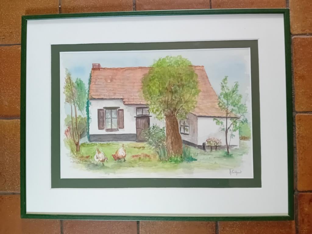 Aquarel oude hoeve, Antiek en Kunst, Ophalen