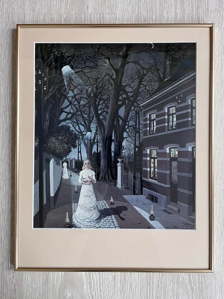 Kader/kunstafdruk surrealistisch schilderij Paul Delvaux, Antiek en Kunst, Ophalen of Verzenden