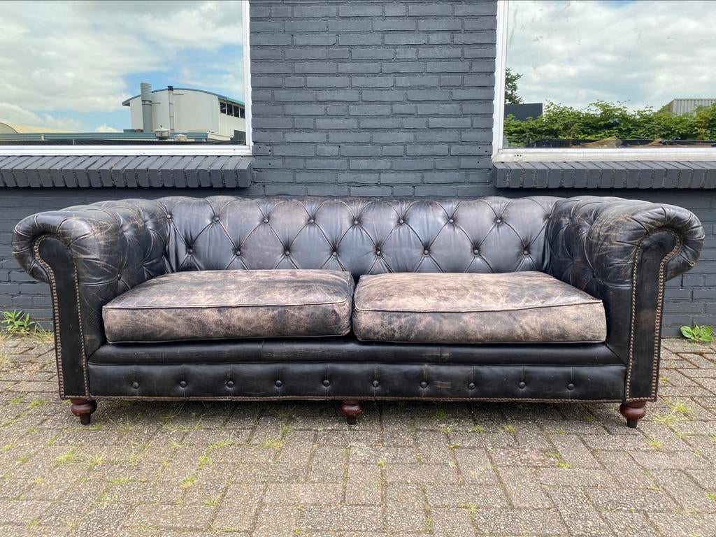 Stoere Chesterfield Bank vintage zwart GRATIS GELEVERD, Ophalen of Verzenden, Leer