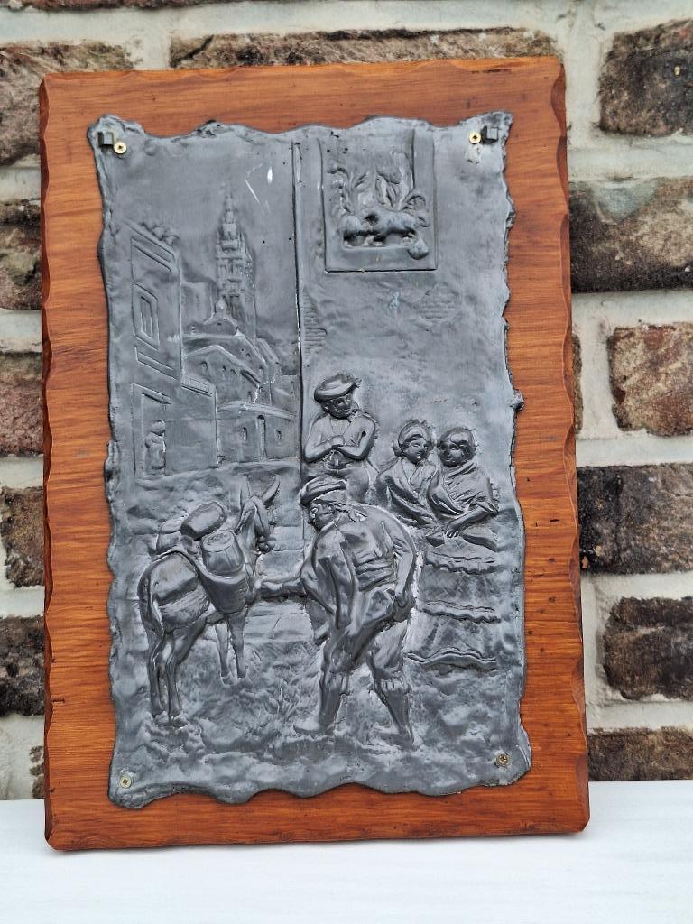 Tinnen bord op hout, Ophalen of Verzenden