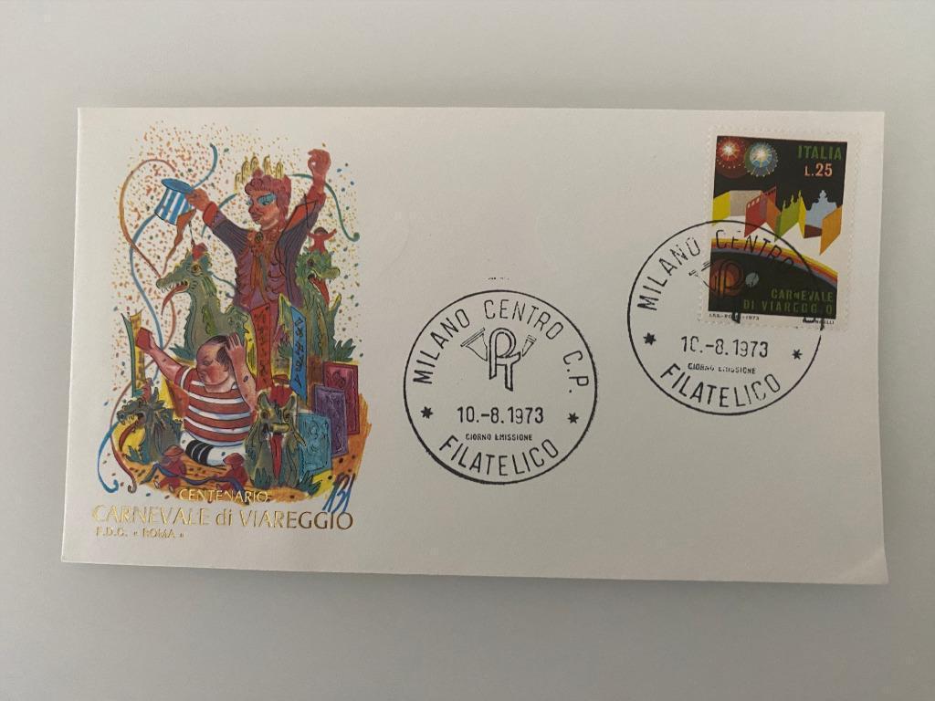 Postzegel First Day Cover Centenario Carnevale Viareggio 73, Ophalen of Verzenden, Gestempeld