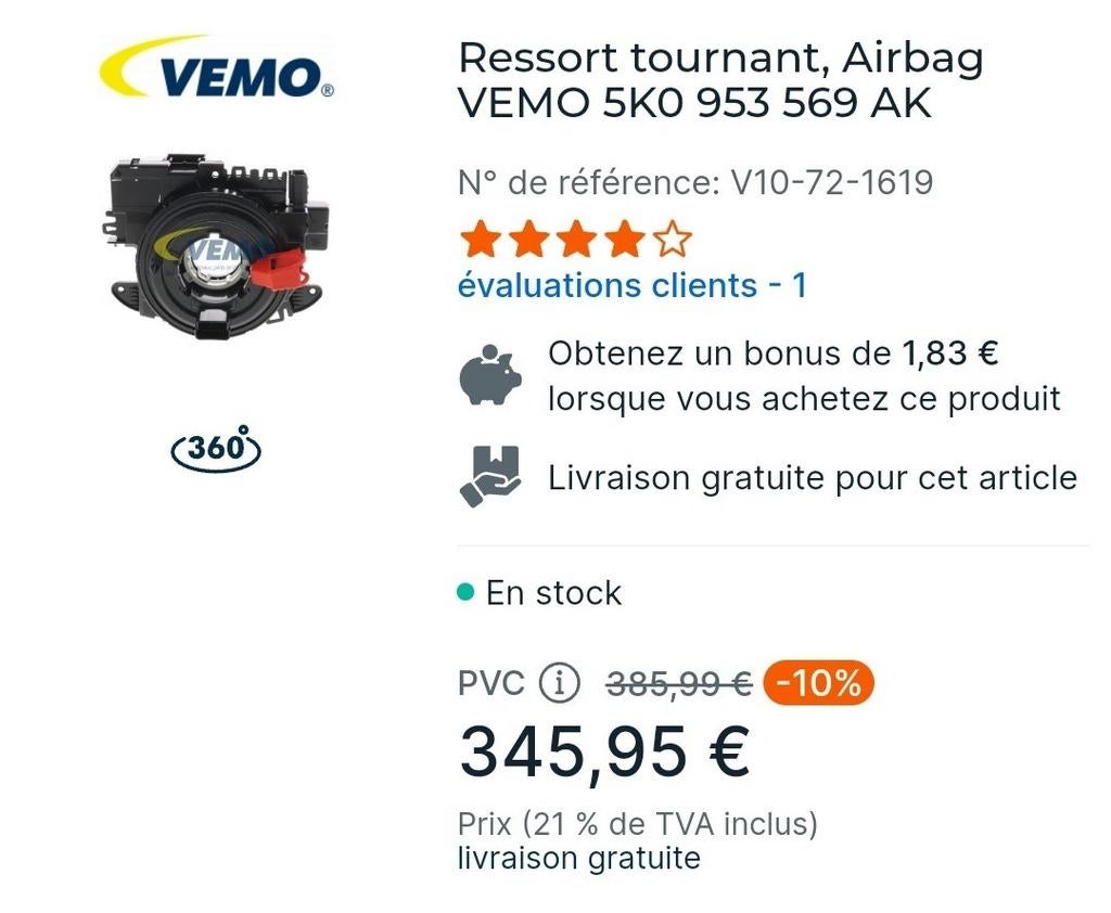 Ressort tournant, Airbag VEMO 5K0 953 569 AK, Enlèvement, Neuf, Seat