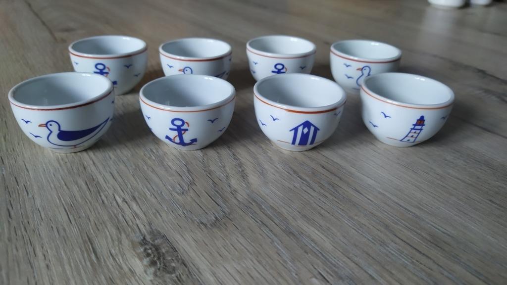 NIEUW Set van 8 minischaaltjes met wit/blauw zeedecor, Ophalen