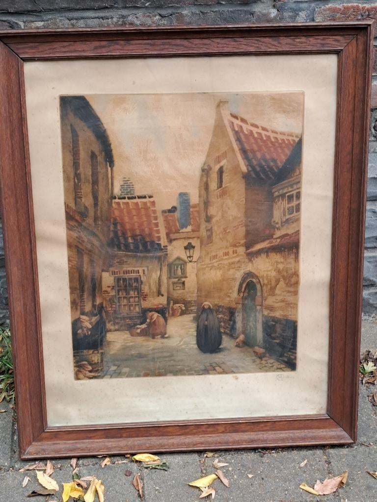 Gravure ruelle signe jef codron, Antiquités & Art, Art | Eaux-fortes & Gravures, Enlèvement ou Envoi