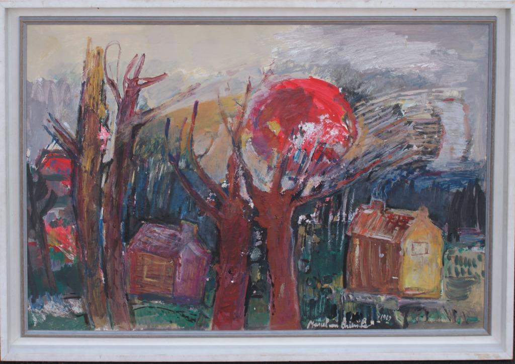 Marcel Van Driessche (1925-2012): Rode Zon 1969 (99 x 71 cm), Antiek en Kunst, Ophalen of Verzenden