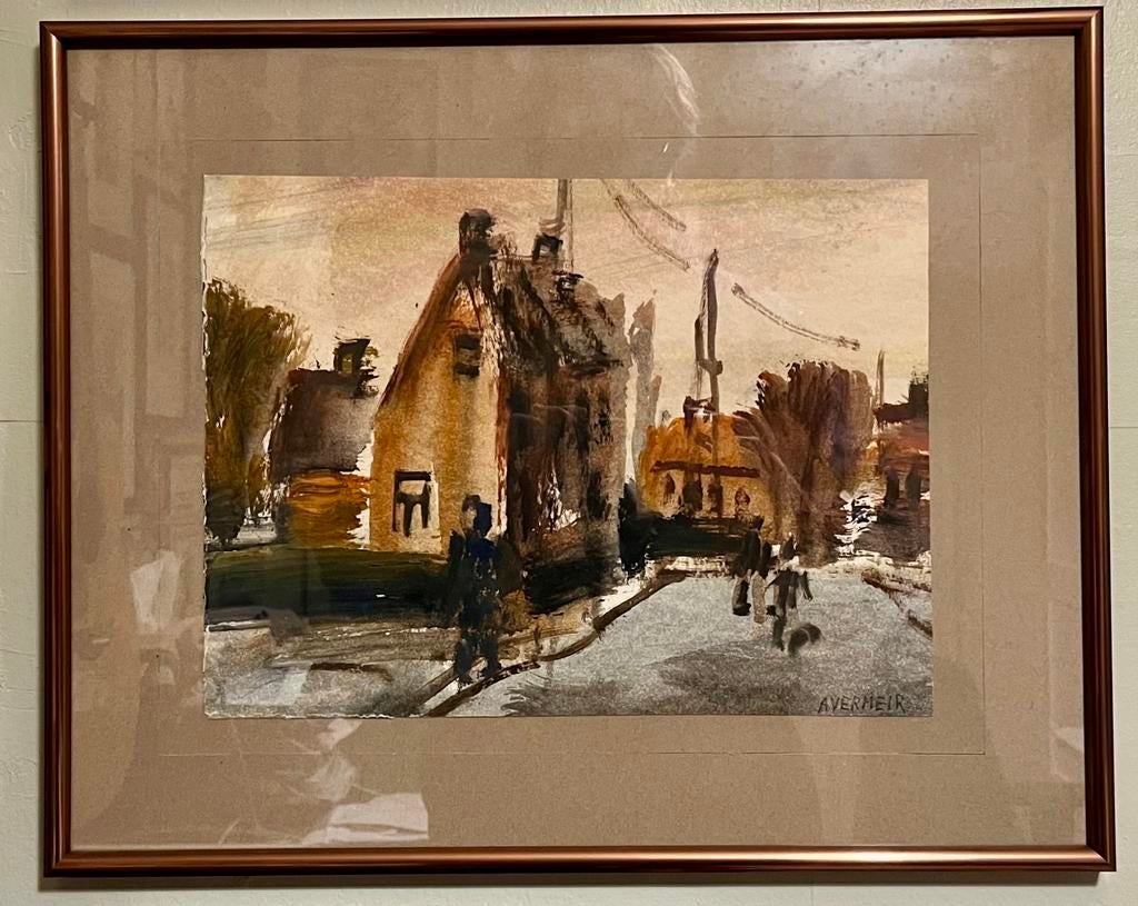 Alfons Vermeir - Aquarelle -Village - 40x30 cm - Avec cadre, Antiquités & Art, Enlèvement ou Envoi