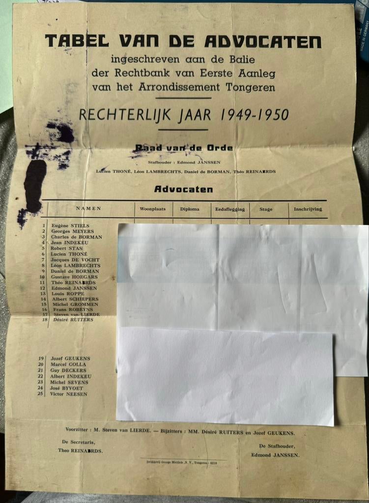 Tabel van Advocaten Rechtbank Tongeren 1949 1950, Verzenden