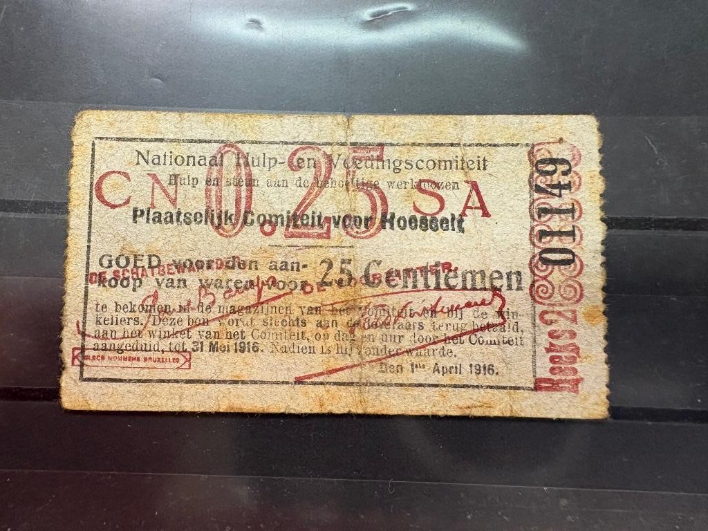 Bankbiljet noodgeld 0,25 cent Hoesselt, Ophalen of Verzenden, Bankbiljetten