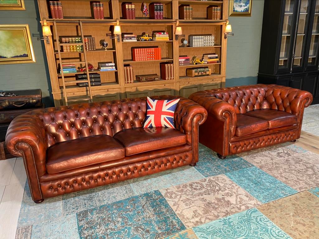 Chesterfield 3+2 zit zetels roodbruin GRATIS GELEVERD, Huis en Inrichting, Ophalen of Verzenden, Leer