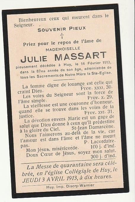 Décès Julie MASSART Huy 1913 à l'âge de 87 ans, Verzenden, Bidprentje