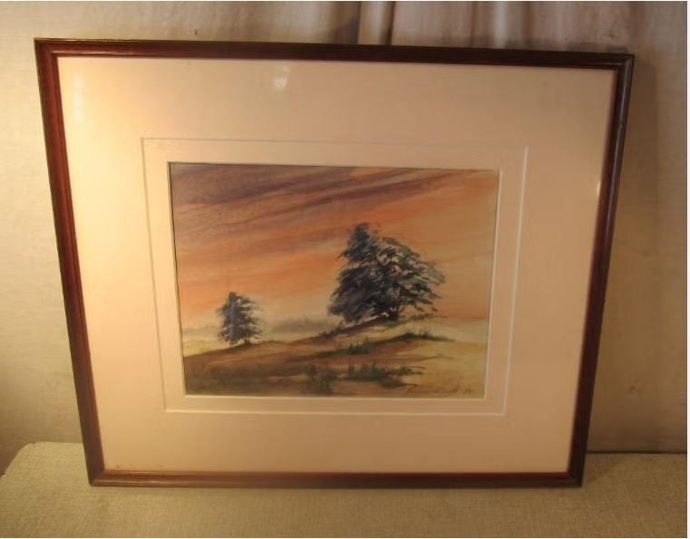 Mooi Geschilderd Aquarel 'Bomen op Heuvel' - gesigneerd, Ophalen of Verzenden, Origineel werk, Aquarel, Landschap