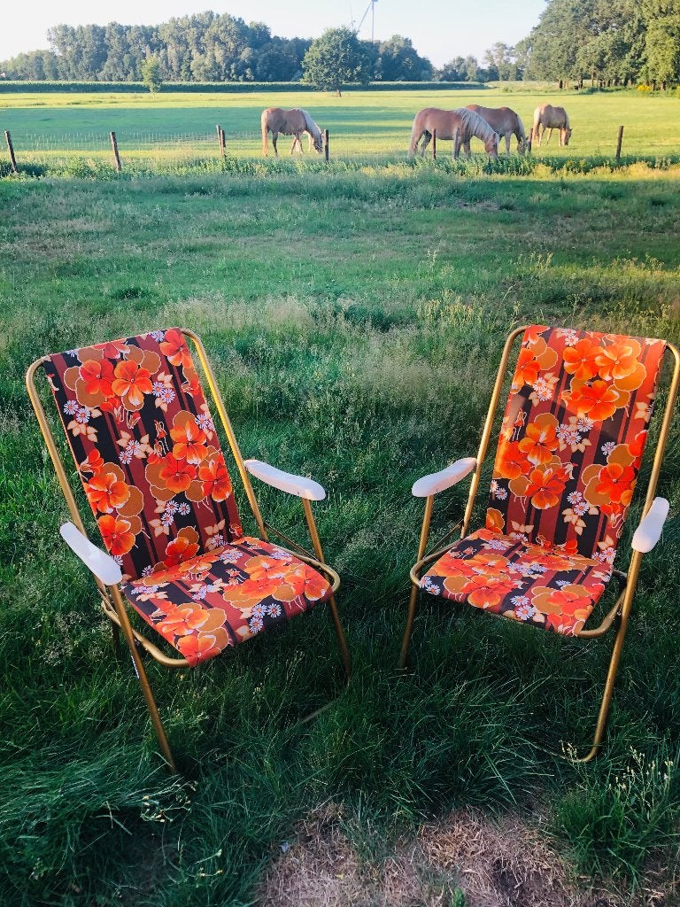 Vintage Lafuma Klapstoelen – Jaren 70 Bloemenpatroon, Antiek en Kunst, Ophalen