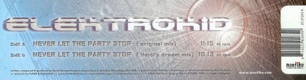 Elektrokid - Never Let The Party Stop, Ophalen of Verzenden, Zo goed als nieuw, 12 inch, Trance