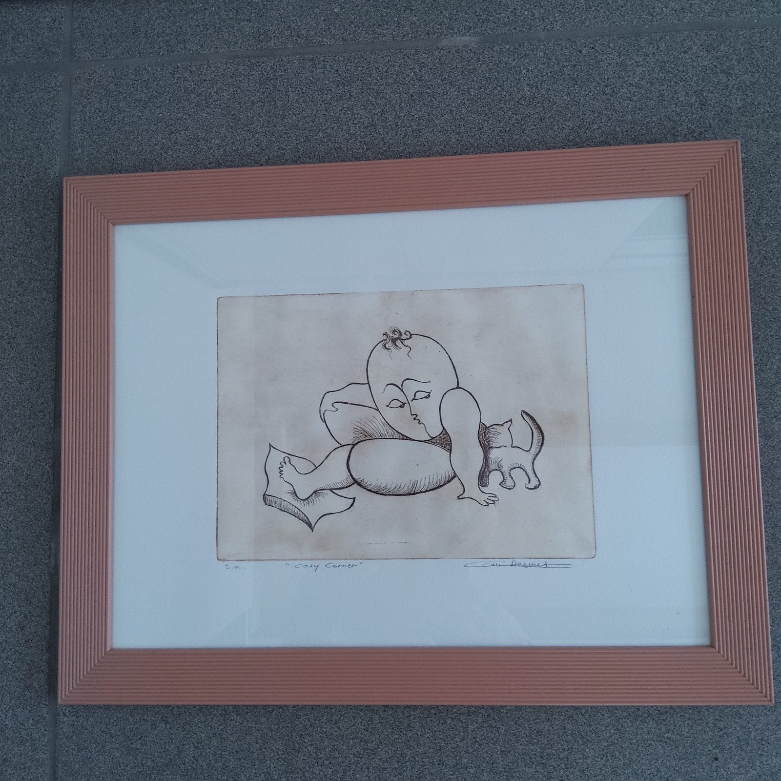 Ets " Cosy Corner". Ingelijst 45 x 35 cm., Antiek en Kunst, Kunst | Etsen en Gravures, 2000 tot heden, Dagelijks leven, Ets, Ophalen of Verzenden