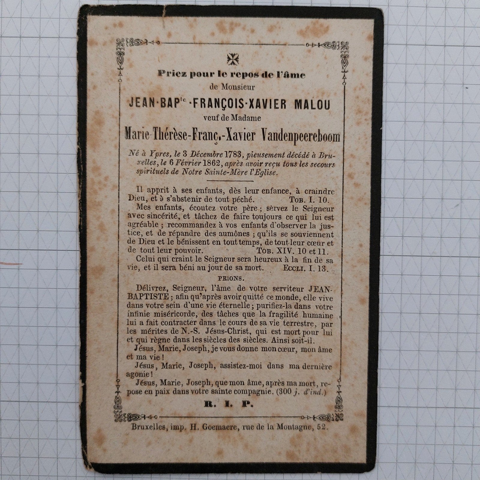 oud bidprentje 1783-1862 - Ieper/Brussel, Verzamelen, Bidprentjes en Rouwkaarten, Verzenden, Bidprentje