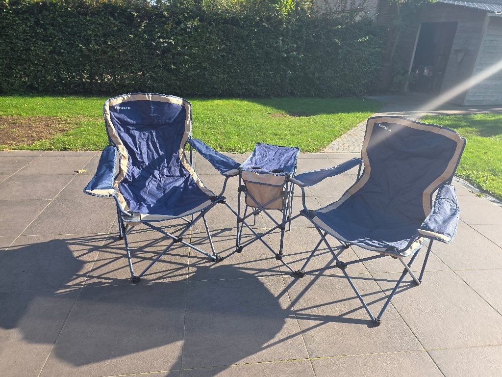 Opvouwbare campingstoelen met tafeltje ertussen, Caravans en Kamperen, Ophalen, Gebruikt, Campingstoel
