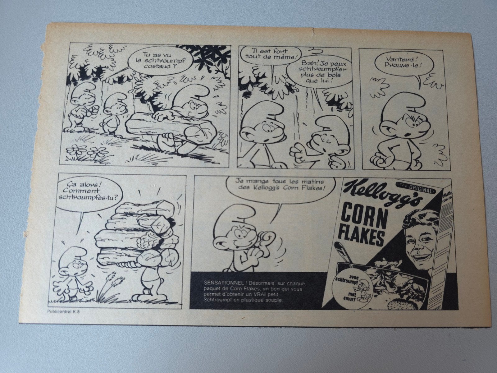 Ancienne publicité Schtroumpf Kellogg's 1, Collections, Envoi, Utilisé, Schtroumpf Costaud, Bande dessinée