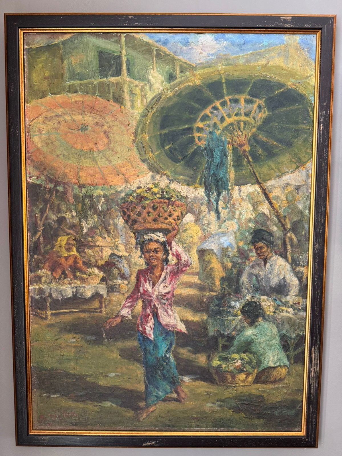 Schilderij paraplu dame uit Bali.ZEER MOOI., Antiek en Kunst, Ophalen, Overige stijlen, Overige technieken, Overige onderwerpen