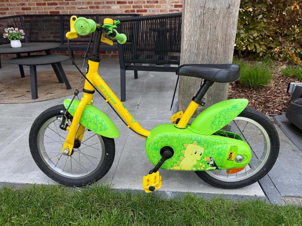 14 inch B-twin Kinderfiets incl duwstang en wieltjes, Frein sur jante, B-Twin, Enlèvement, Utilisé