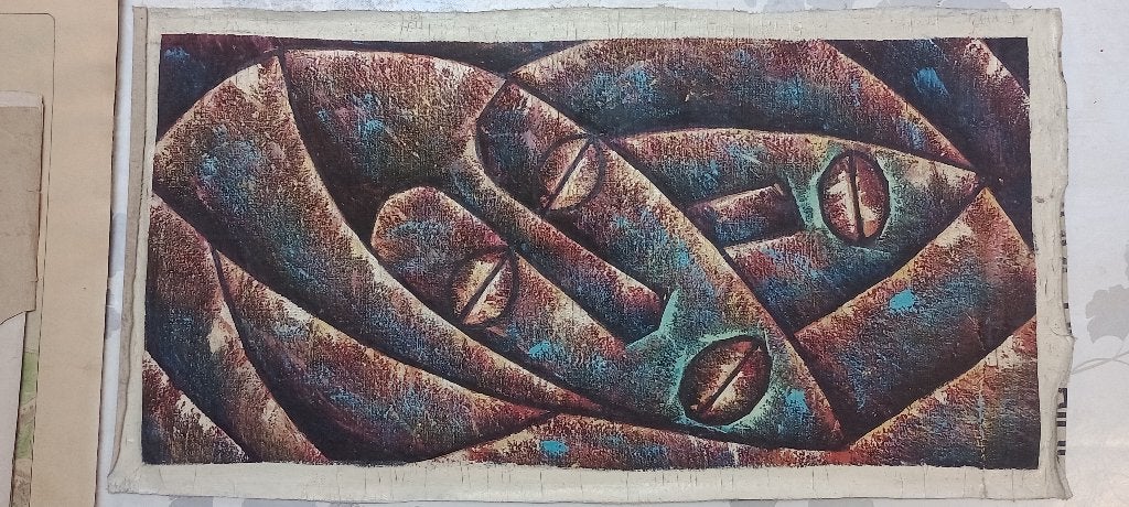 Afrikaans schilderij Zaïre (DRC Congo) jutetas, B74, Ophalen of Verzenden