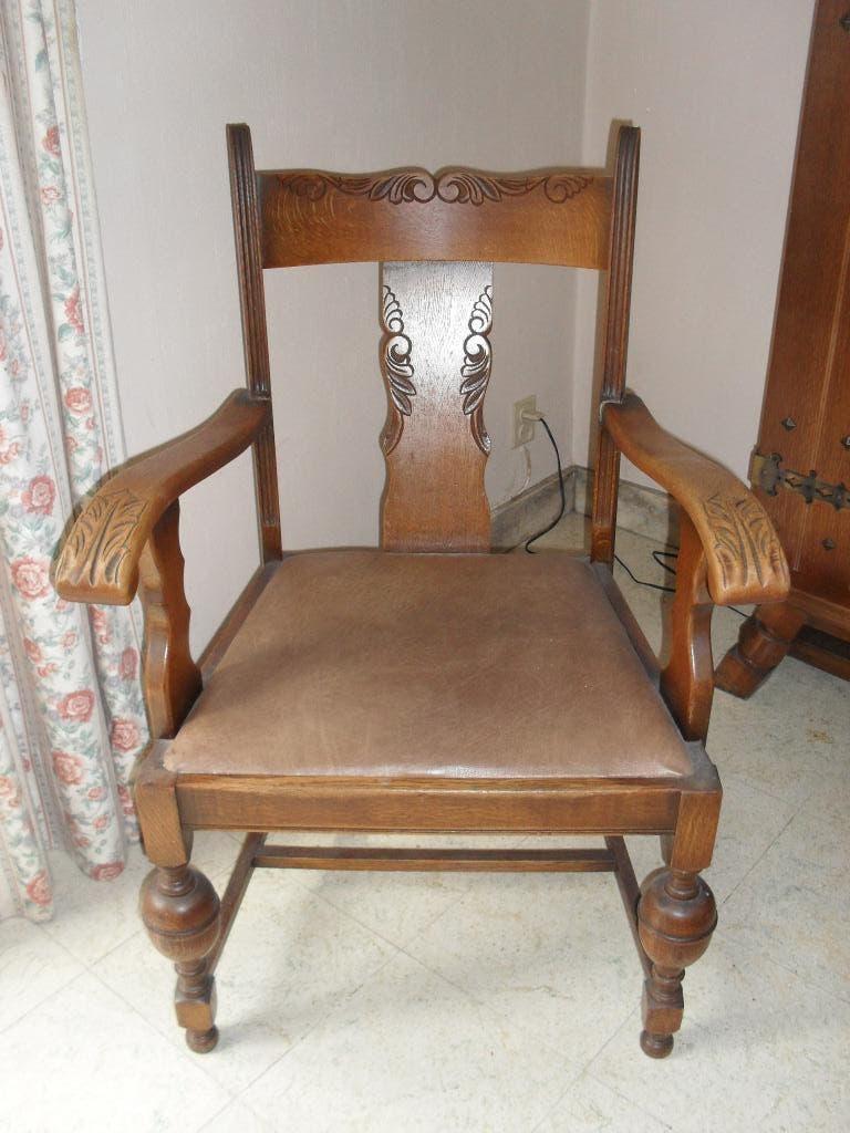 Antieke eiken fauteuil, Ophalen, Gebruikt, Leer, 50 tot 75 cm