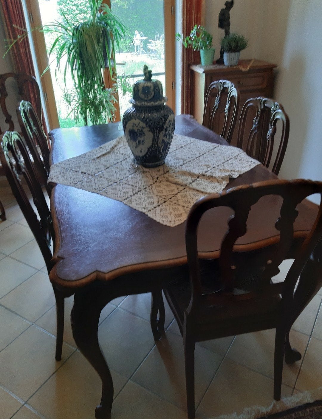 Mooie antieke eetkamertafel met 6 stoelen en luchter, Huis en Inrichting, Ophalen