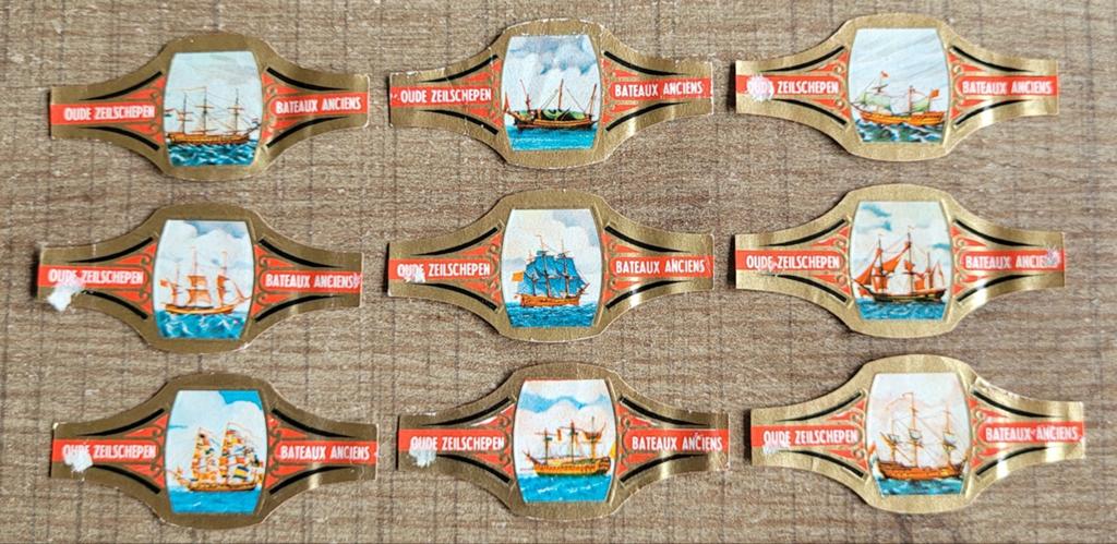 9 oude sigarenbandjes: Oude zeilschepen, Verzamelen, Ophalen of Verzenden, Gebruikt, Sigarenbandjes
