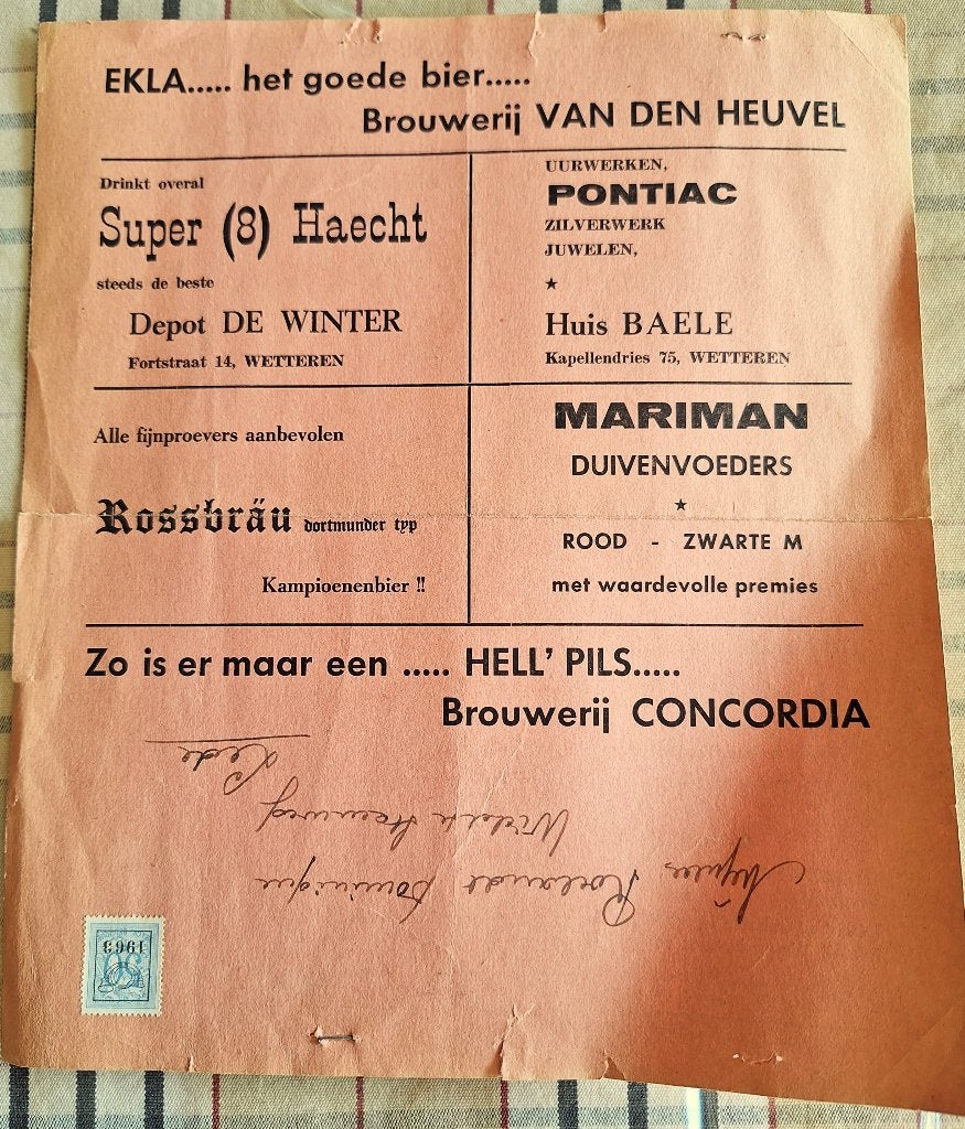 bier- Concordia - Ekla - Hell's pils -Brouwerij V.den Heuvel, Verzamelen, Verzenden, Gebruikt, Overige typen, Overige merken
