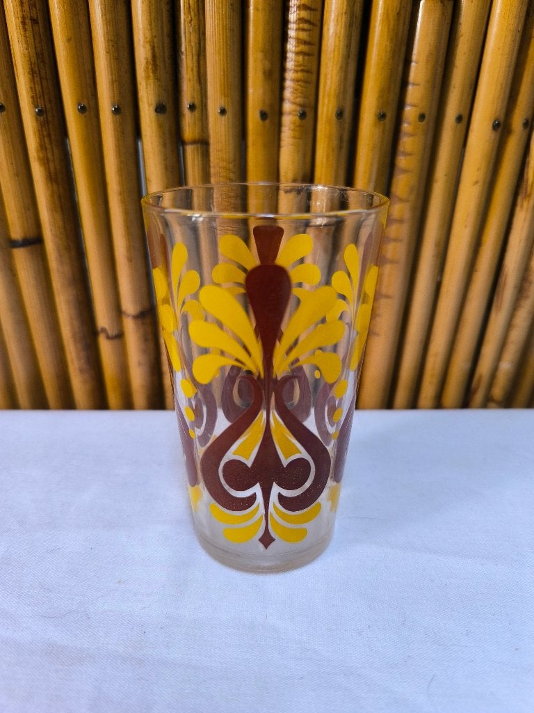 Vintage waterglas met psychepatronen jaren 70 bruin en geel, Ophalen of Verzenden, Gebruikt, Waterglas