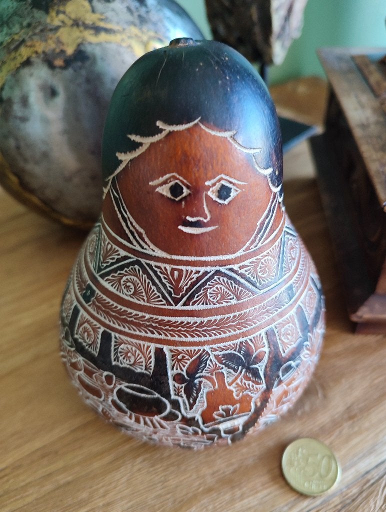 Pérou traditional story teller, gourd ratle, calebasse, 16 cm, Bois, Fait main, Sculpture sur bois