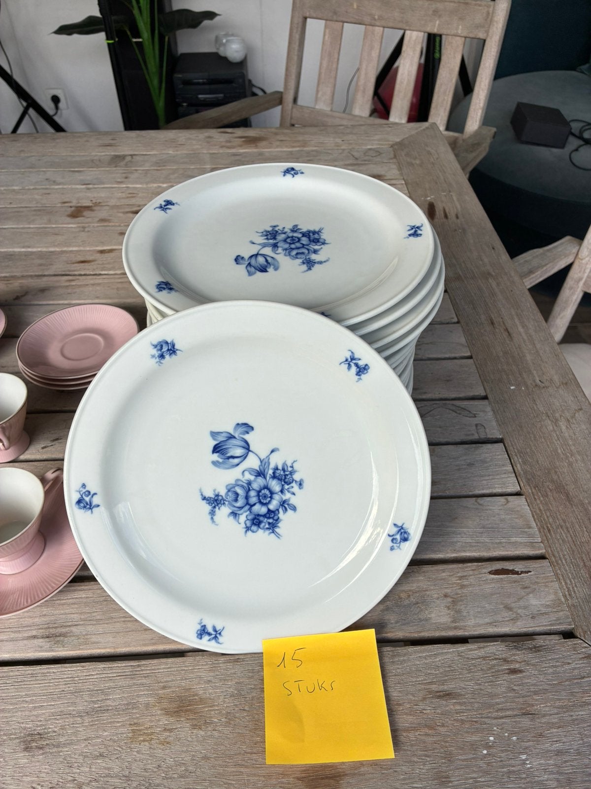 15 vintage porseleinen borden met blauw bloemmotief – retro, Ophalen of Verzenden