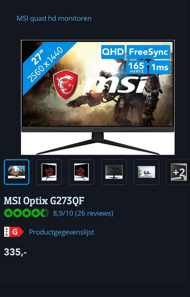 Moniteur de jeu MSI Optix G273QF, Gaming, MSI, IPS, Enlèvement ou Envoi