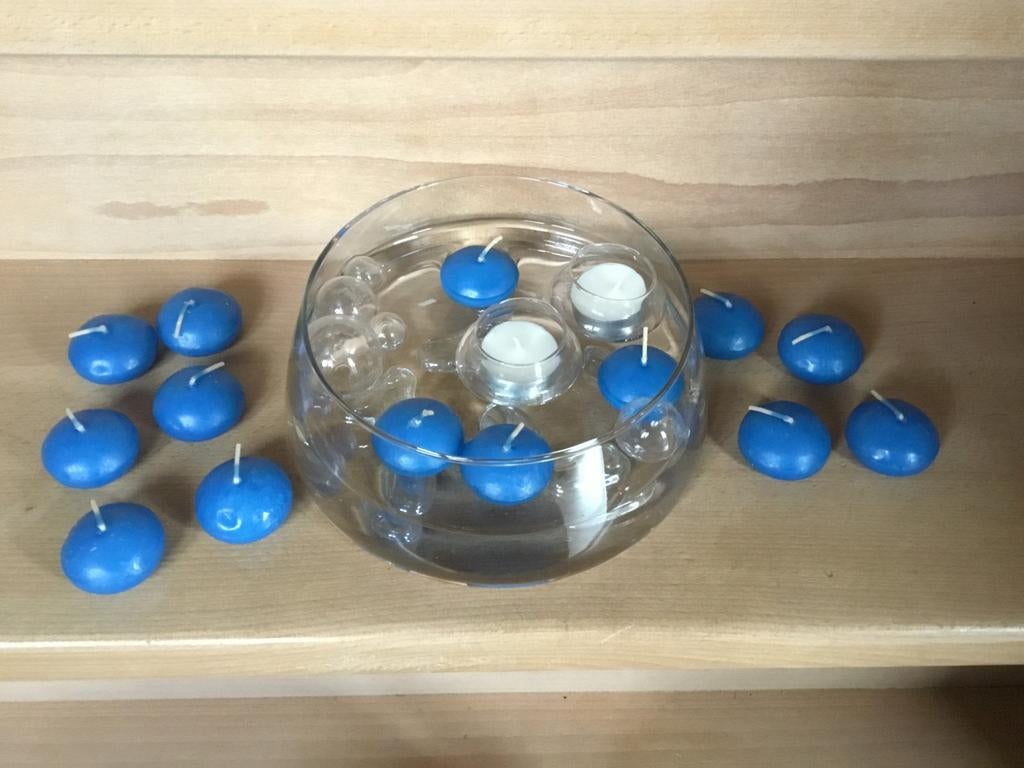 Drijfkaarsen, paaskaarsen en glazen decoratie schaal, Huis en Inrichting, Ophalen, Nieuw