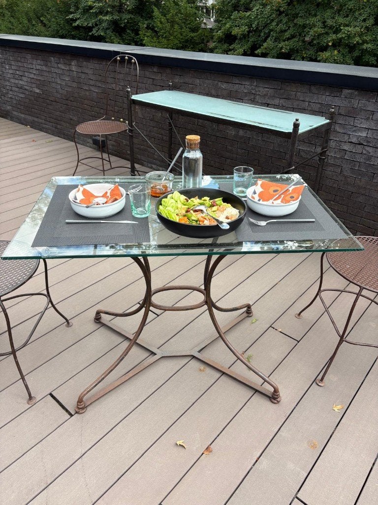 Vend table, console et 4 chaises de jardin en fer forgé, Ophalen, Gebruikt, 100 tot 150 cm, Fer forgé