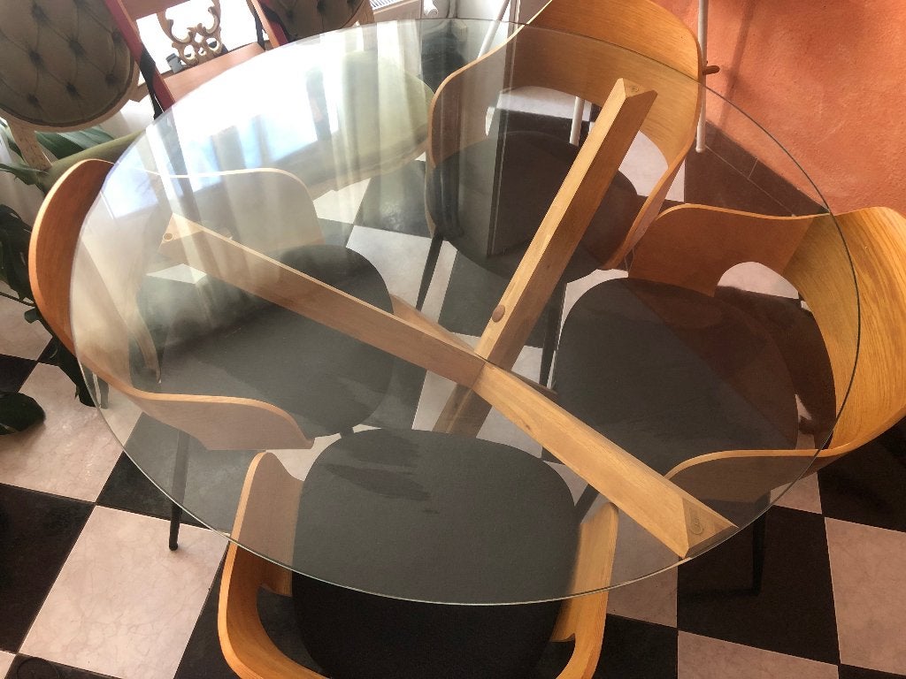 Ronde glazen eettafel, Ophalen, Gebruikt, Rustiek, Vier personen