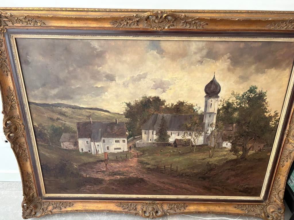Olieverf op Doek - Dorpsgezicht met Kerk / Vergulde Lijst, Antiek en Kunst, Ophalen