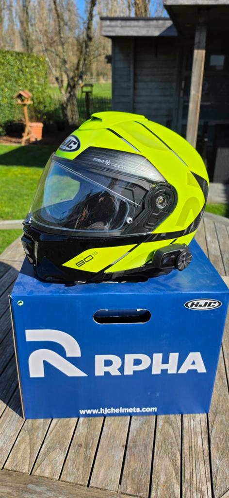 Helm Hjc RPHA 90S BEKAVO Fluogeel - zwart + sena intercom, Motoren, Ophalen, S, HJC