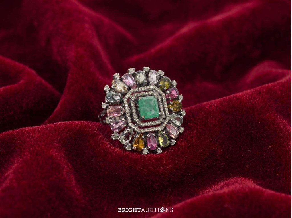 Bijzondere ring met natuurlijke edelstenen en diamant, Bijoux, Sacs & Beauté, Bagues, Utilisé, Femme, 17 à 18, Argent, Argent