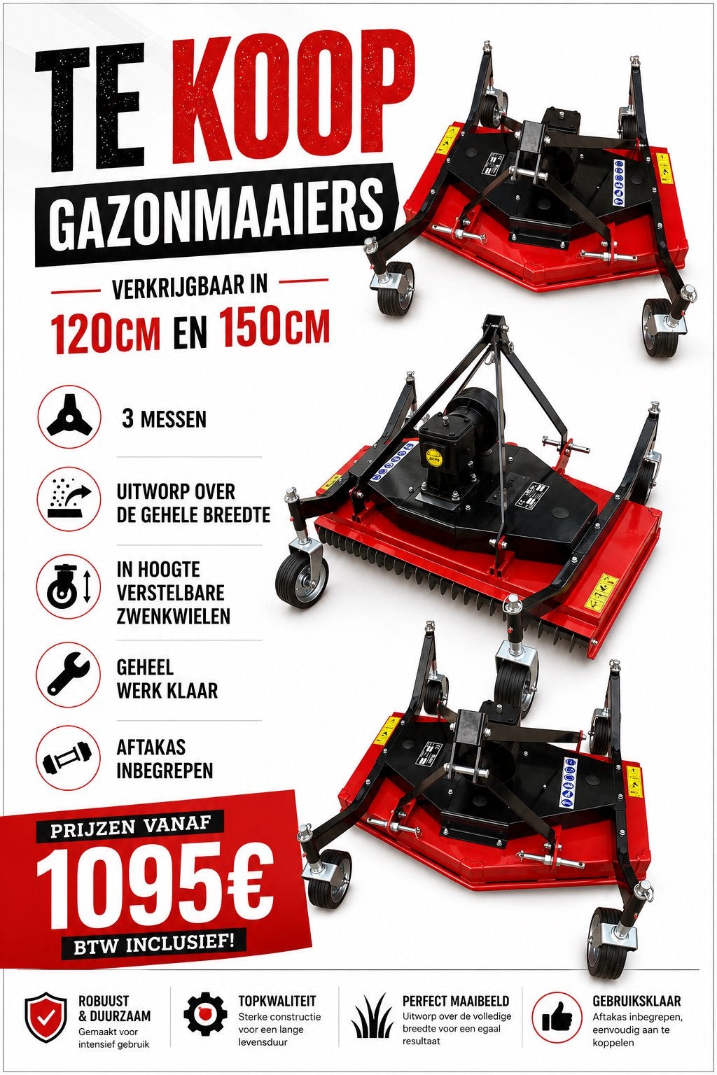 Nieuwe gazonmaaiers in 120cm en 150cm, Jardin & Terrasse, Enlèvement ou Envoi, Neuf