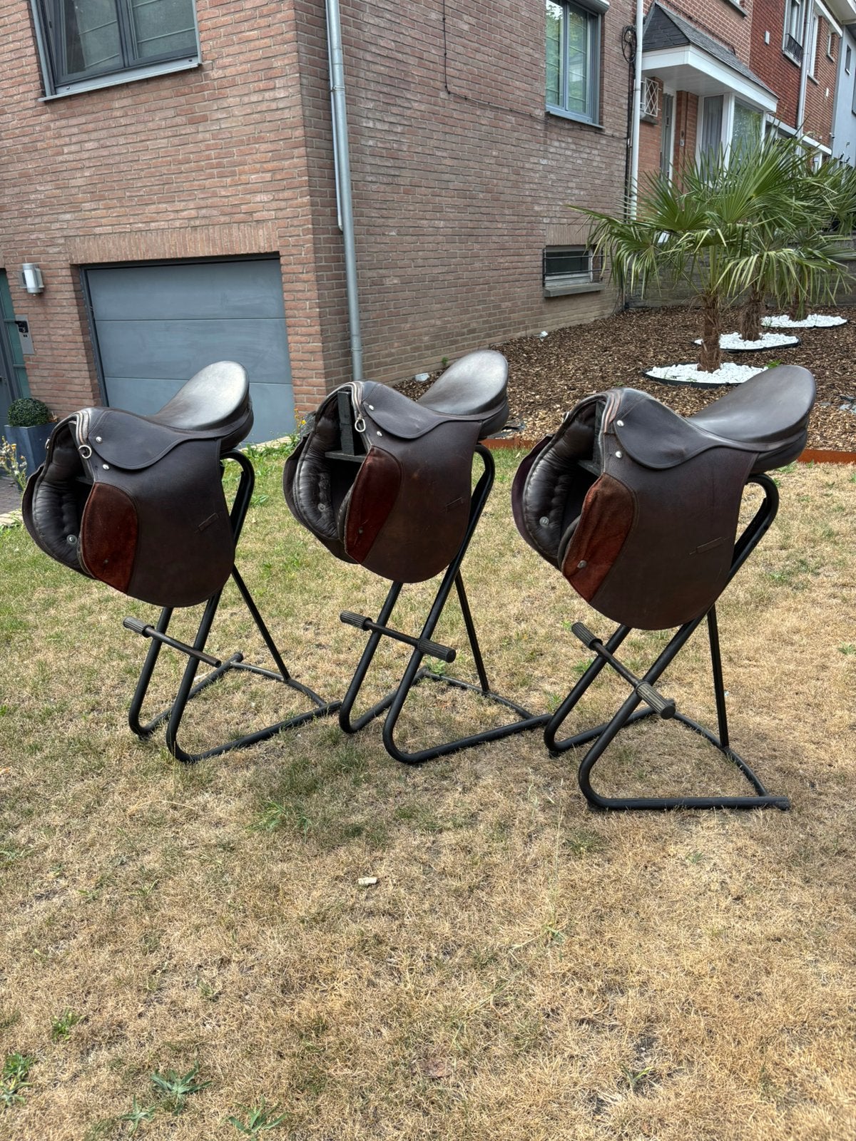 Set van 3 vintage zadel barkrukken in leer, Enlèvement, Comme neuf